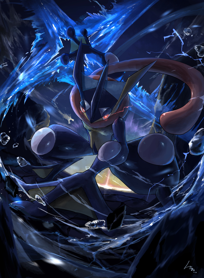 3finger_hand absurdres creature ekaki_panda floating_rock frog glowing glowing_eyes greninja highres long_tongue looking_at_viewer pokemon pokemon_(creature) red_eyes shuriken tongue tongue_scarf water weapon