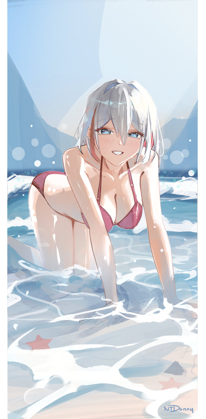 1girl :d absurdres all_fours artist_name bikini blue_eyes blurry blush bokeh breasts caustics cleavage collarbone depth_of_field dot_nose full_body grin hair_between_eyes highres honkai:_star_rail honkai_(series) in_water large_breasts looking_at_viewer medium_hair multicolored_hair ntdanny open_mouth pillarboxed red_bikini red_hair sidelocks smile solo streaked_hair swimsuit teeth topaz_(honkai:_star_rail) white_hair