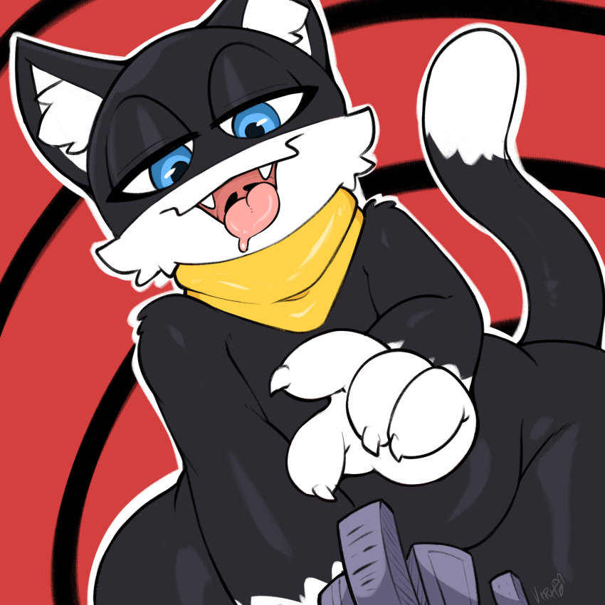 1:1 2023 absurd_res anthro biped city claws digital_media_(artwork) domestic_cat felid feline felis hi_res macro male mammal morgana_(persona) narrowed_eyes persona_(series) persona_5 simple_background smile solo thick_thighs virito wide_hips