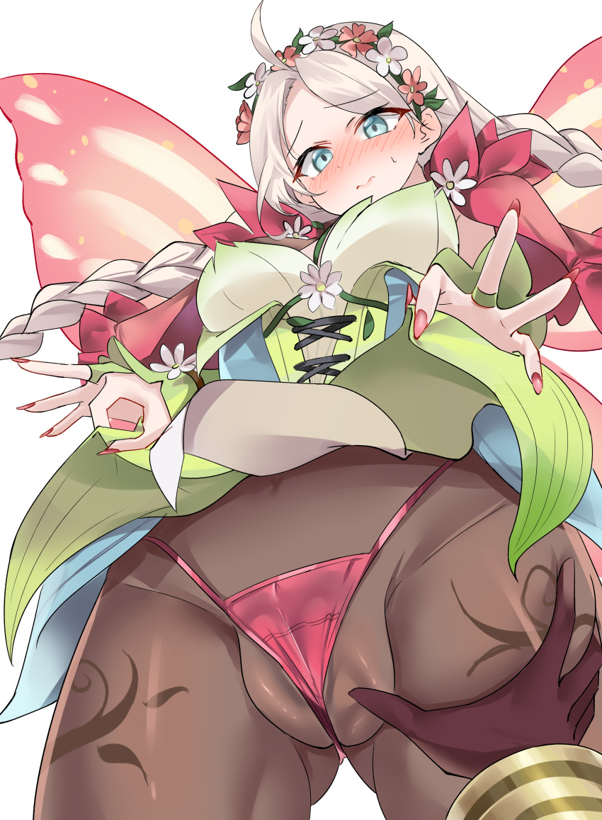 1boy 1girl absurdres ahoge ass_visible_through_thighs bikini blue_eyes blush braid breasts brown_pantyhose butterfly_wings cameltoe capelet clothes_lift commission commissioner_upload cross-laced_clothes cross-laced_dress deep_skin fairy_wings fingernails fire_emblem fire_emblem_fates fire_emblem_heroes flower flower_bracelet from_below gradient_clothes green_bracelet groping hair_vines hetero highres insect_wings kiran_(fire_emblem) kiran_(male)_(fire_emblem) leaf_bracelet lifted_by_self long_fingernails long_hair looking_at_viewer low_twin_braids medium_breasts micro_bikini nail_polish nina_(fire_emblem) nina_(resplendent)_(fire_emblem) non-web_source official_alternate_costume panties pantyhose parted_bangs pink_capelet pink_flower pink_nails pink_panties pov pussy ragnaveldt shy skirt skirt_lift solo_focus swimsuit thigh_grab transparent_background twin_braids underwear vine_bracelet vine_harness vine_print white_flower wings