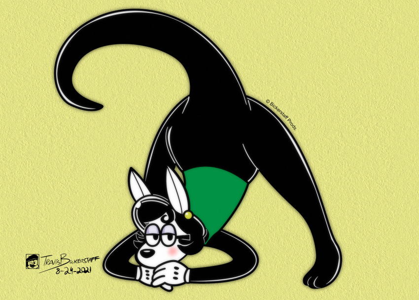 2022 anthro bickpixx black_body black_fur black_hair black_nose black_tail clothed clothing curled_hair digital_drawing_(artwork) digital_media_(artwork) eyewear female fur glasses gloves green_clothing green_shirt green_topwear hair handwear hi_res inkblot jack-o'_pose kangaroo lidded_eyes macropod mammal marsupial narrowed_eyes pantsless pose rosy_cheeks round_glasses round_nose shelley_(bickpixx) shiny_eyelids shirt signature simple_background solo tail thick_tail topwear white_body white_clothing white_ears white_gloves white_handwear white_skin yellow_background