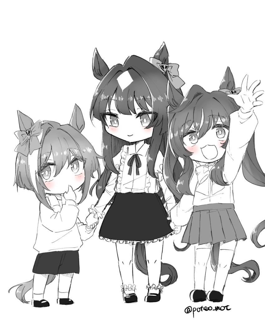 3girls aged_down animal_ears ankle_socks arm_up bow bright_pupils cheval_grand_(umamusume) commentary ear_bow finger_to_mouth greyscale hair_between_eyes hair_intakes highres holding_hands horse_ears horse_girl horse_tail long_hair monochrome multicolored_hair multiple_girls neck_ribbon poteo_(poteo_mot) ribbon short_hair siblings sisters sketch socks spot_color streaked_hair tail thighhighs twintails twitter_username umamusume v_sisters verxina_(umamusume) very_long_hair vivlos_(umamusume) waving