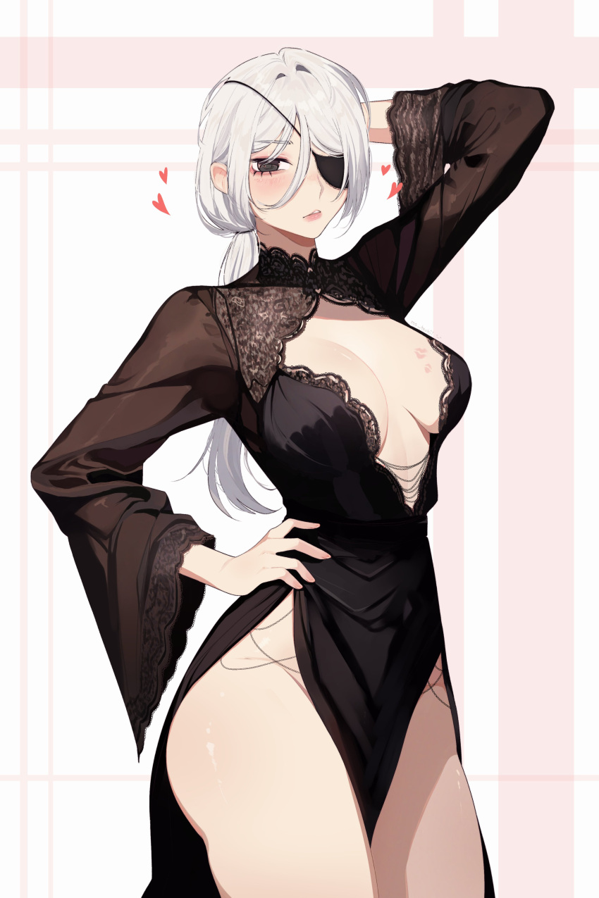 1girl absurdres arm_behind_head arm_up bare_legs black_dress black_eyes breasts chainsaw_man cleavage cowboy_shot dress eyepatch heart highres lace lips long_hair looking_at_viewer low_neckline ms_tsukii pale_skin parted_lips ponytail quanxi_(chainsaw_man) side_slit sideboob solo standing white_hair