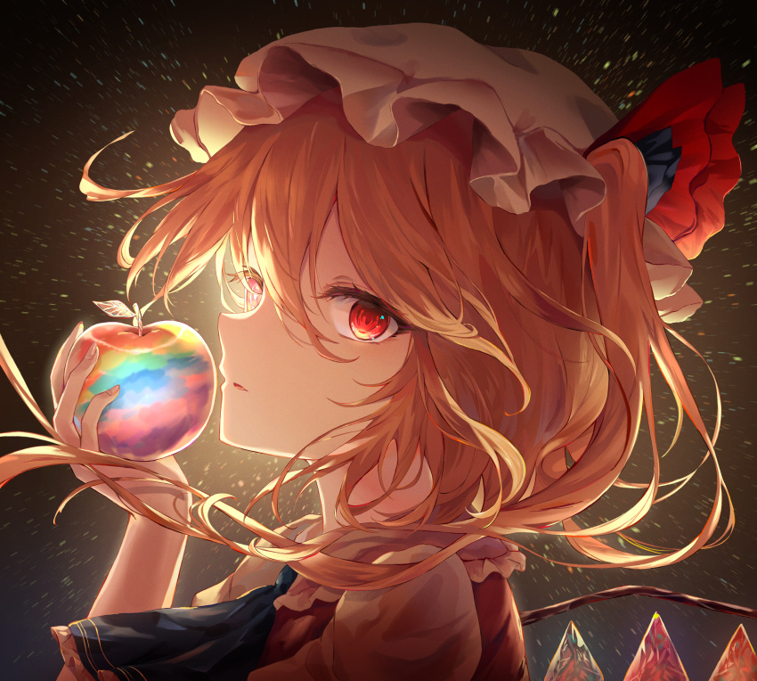 1girl absurdres apple ascot backlighting blonde_hair blue_ascot bow collared_shirt crystal flandre_scarlet food frilled_ascot frilled_shirt_collar frills from_side fruit gradient_background hair_between_eyes hat hat_bow highres holding holding_food holding_fruit medium_hair mob_cap multicolored_apple multicolored_wings one_side_up parted_lips puffy_short_sleeves puffy_sleeves rainbow_order red_bow red_vest shirt short_sleeves solo touhou upper_body user_iopguf vest white_headwear white_shirt wings