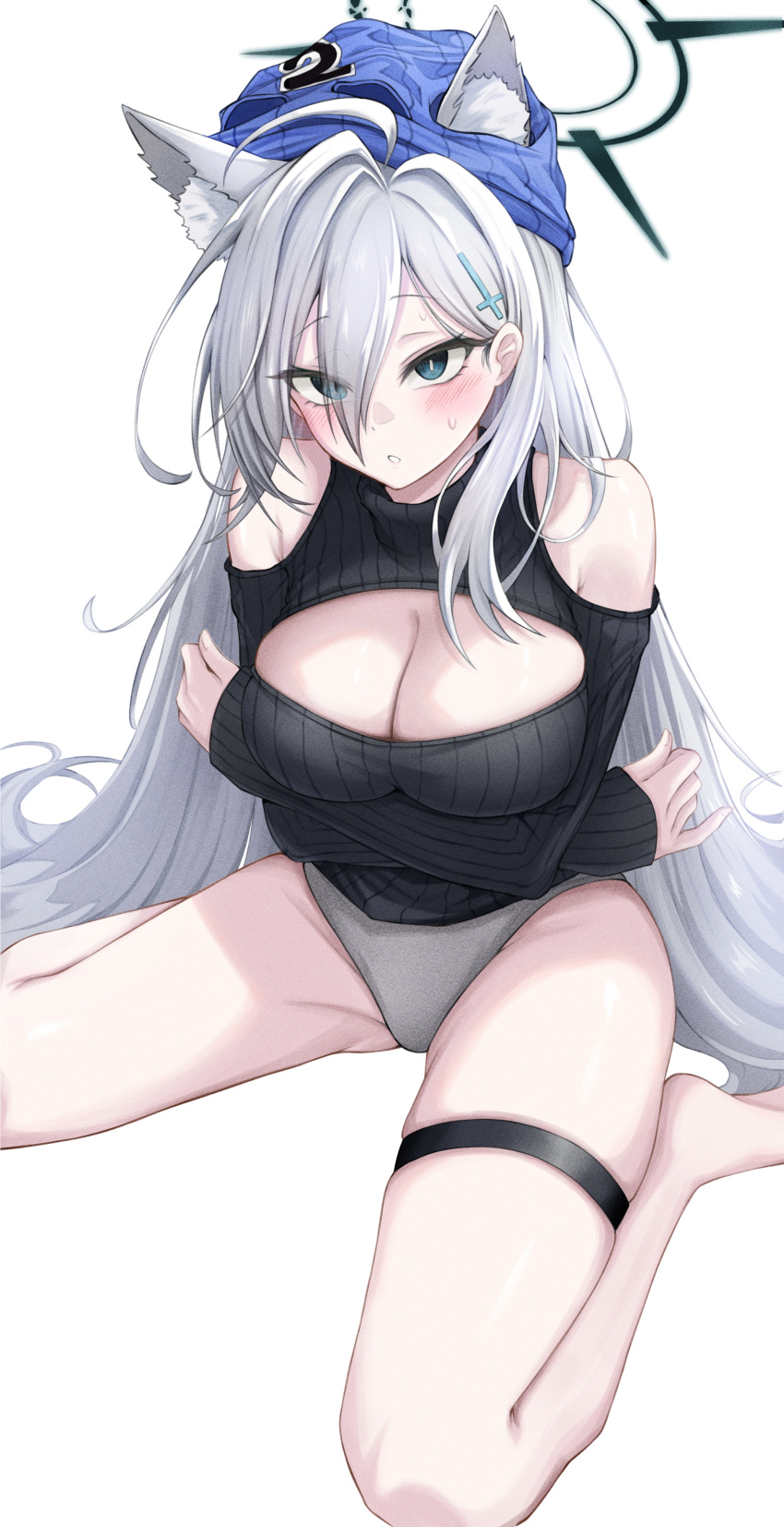 1girl absurdres ahoge animal_ear_fluff animal_ears barefoot black_sweater blue_archive blue_eyes blue_headwear blush breasts cleavage cross_hair_ornament dark_halo grey_hair grey_panties hair_between_eyes hair_ornament halo hasarang hat highres large_breasts long_hair panties parted_lips shiroko_(blue_archive) shiroko_terror_(blue_archive) simple_background sleeves_past_wrists solo sweater thigh_strap underwear white_background wolf_ears