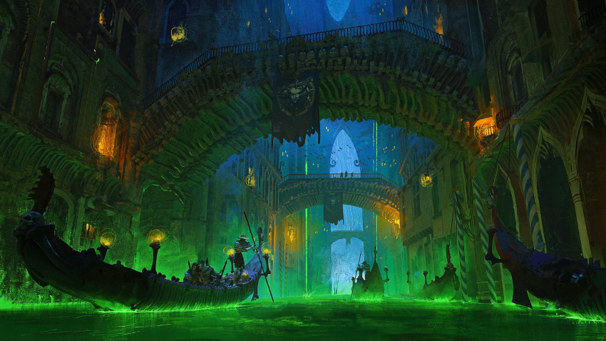 absurdres banner bridge building canal candle city cityscape glowing glowing_eyes gondola green_liquid highres holding holding_oar lionel_schramm liquid oar scenery undead underground warcraft world_of_warcraft