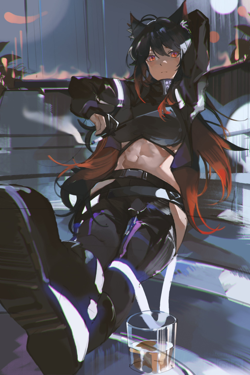 1girl abs absurdres alcohol ambience_synesthesia animal_ears arknights arm_behind_head black_footwear black_hair black_pants black_shirt boots breasts closed_mouth cmdr_saturn cropped_shirt cup drinking_glass foreshortening frown full_body gradient_hair hair_between_eyes highres hip_vent large_breasts liquor long_hair long_sleeves looking_at_viewer multicolored_hair navel pants red_eyes red_hair shirt shoe_soles sidelocks sitting solo stomach texas_(arknights) toned wolf_ears wolf_girl