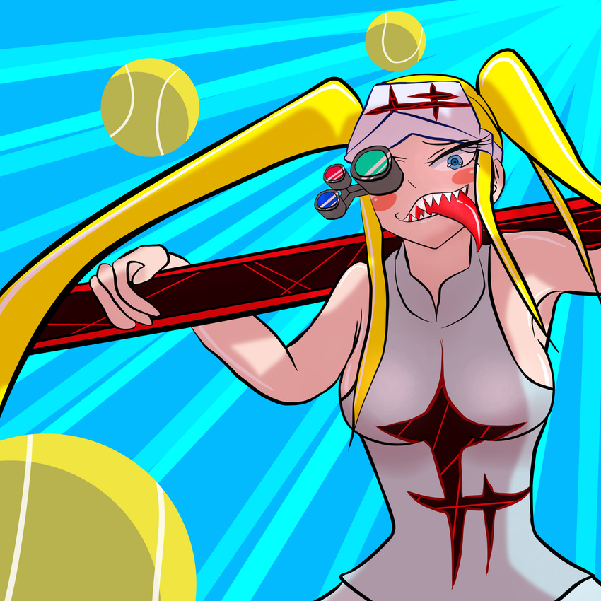 blonde_hair blue_eyes breasts hakodate_omiko kill_la_kill large_breasts long_tongue ponytails shark_teeth tennis_balls