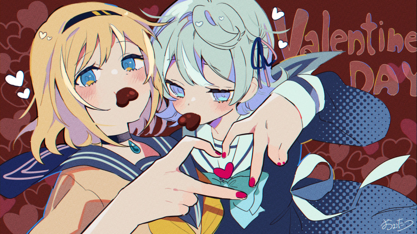 2girls absurdres aqua_eyes artist_name black_choker blonde_hair blue_bow blue_bowtie blue_dress blue_eyes blue_hair blue_headband blue_sailor_collar blue_serafuku blunt_ends blush bob_cut bow bowtie brown_background brown_serafuku candy center-flap_bangs chocolate choker closed_mouth commentary dithering dot_nose double-parted_bangs dress eating eyeliner fingernails food food_in_mouth grey_hair hair_between_eyes hair_ribbon hands_up headband heart heart-shaped_chocolate heart_hands heart_hands_duo highres kuraberarekko long_sleeves looking_at_viewer makeup mole mole_under_eye multiple_girls nail_polish namikare_(tuyu) neckerchief no_nose official_art omutatsu pointy_hair red_background red_nails ribbon sailor_collar school_uniform serafuku short_hair sidelocks signature single_hair_intake tuyu_(band) unkempt upper_body valentine water_drop yellow_neckerchief