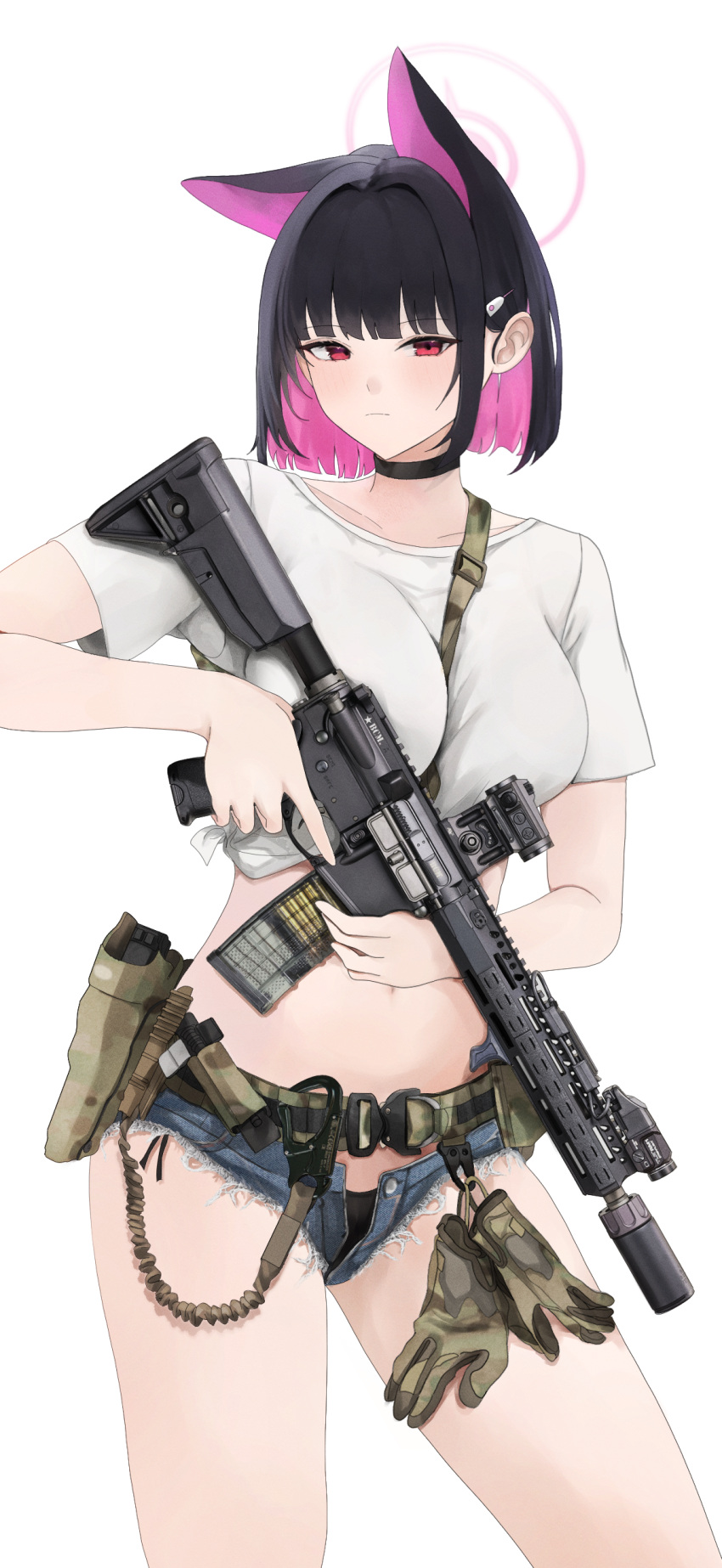 1girl absurdres animal_ears ar-15 bcm_mcmr black_choker black_hair black_panties blue_archive blue_shorts blush breasts cat_ears choker closed_mouth collarbone colored_inner_hair fte_(fifteen_199) gloves grey_background gun hair_ornament hairclip highres holding holding_gun holding_weapon kazusa_(blue_archive) large_breasts looking_at_viewer multicolored_hair panties pink_hair red_eyes rifle shirt short_hair short_shorts short_sleeves shorts simple_background solo underwear unworn_gloves weapon white_shirt