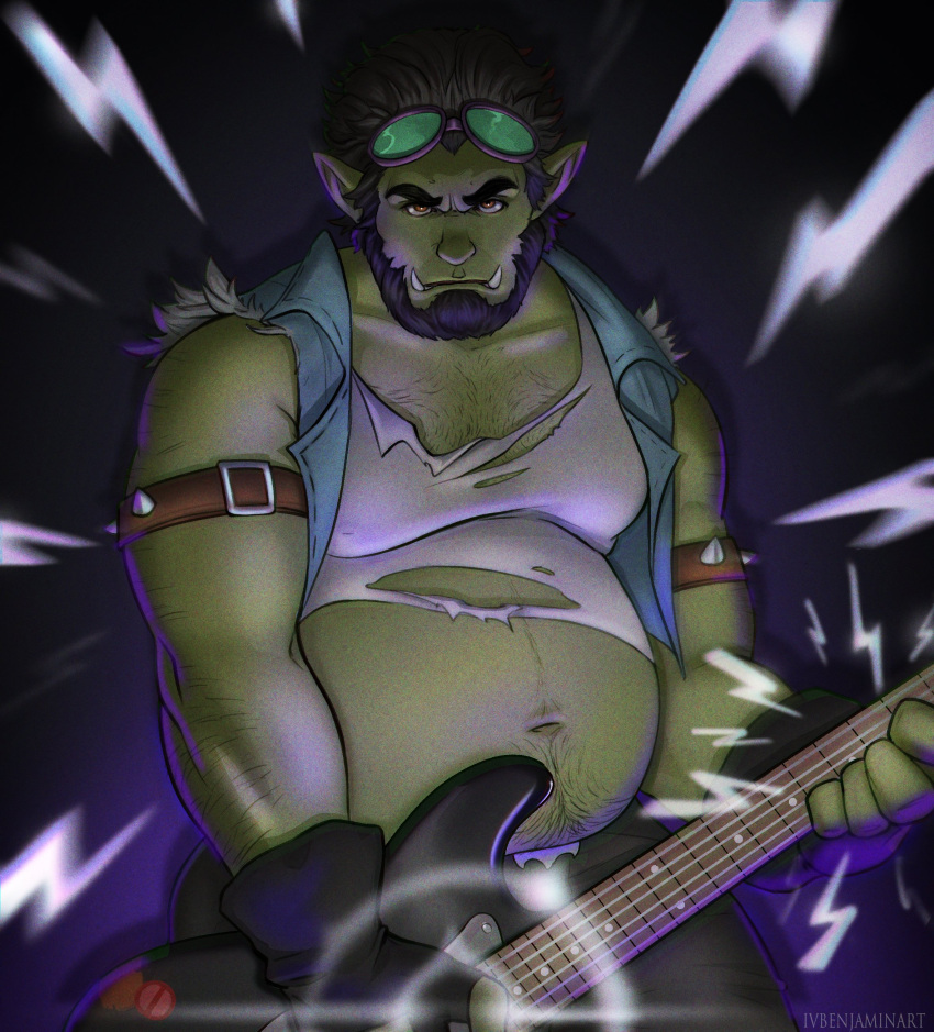 1boy absurdres bara beard belly benjamin_(ivbenjaminart) colored_skin covered_nipples cowboy_shot electric_guitar facial_hair full_beard goggles goggles_on_head green_skin guitar hairy highres instrument lightning_bolt_symbol looking_at_viewer male_focus mature_male monster_boy muscular muscular_male navel navel_hair orc original pectoral_cleavage pectorals playing_guitar plump pointy_ears serious shirt solo sparse_arm_hair sparse_chest_hair standing stomach thick_beard thick_navel_hair torn_clothes torn_shirt tusks