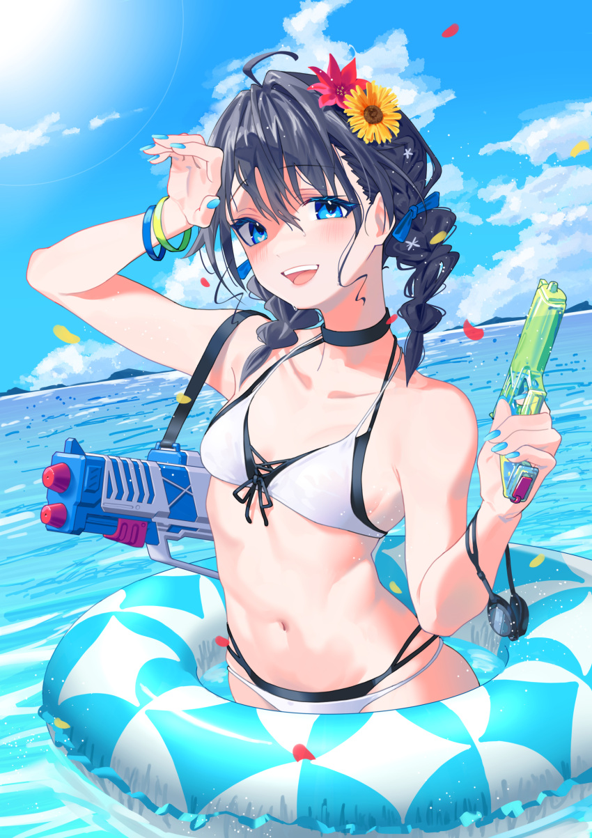 1girl absurdres ahoge arisaki_(cnxy7525) arm_up bare_shoulders bikini black_hair blue_eyes blush braid breasts choker collarbone day flower gun_sling hair_flower hair_ornament highres holding holding_water_gun horizon innertube looking_at_viewer medium_hair navel nijisanji ocean open_mouth outdoors petals shading_eyes sky small_breasts smile solo sorahoshi_kirame string_bikini sun swim_goggles swim_ring swimsuit twin_braids virtual_youtuber wading water water_gun white_bikini wristband