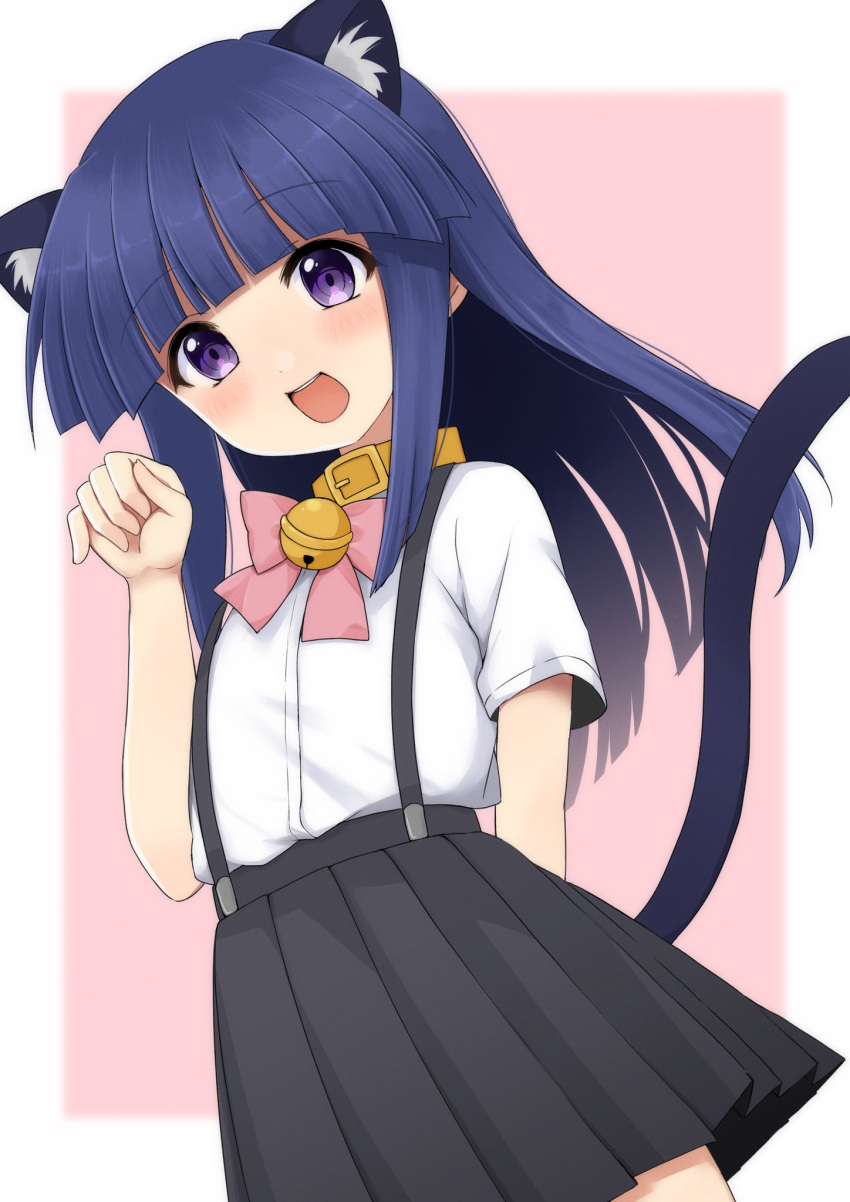 1girl :d animal_collar animal_ear_fluff animal_ears arm_behind_back bell black_skirt blunt_bangs blunt_ends blush border bow cat_ears cat_girl cat_tail collar commentary cowboy_shot flat_chest floating_hair furude_rika hand_up highres higurashi_no_naku_koro_ni jingle_bell kemonomimi_mode long_hair looking_at_viewer neck_bell open_mouth paw_pose pink_background pink_bow pleated_skirt poyadevil purple_eyes shirt short_sleeves sidelocks simple_background skirt smile solo suspender_skirt suspenders tail tail_raised tareme teeth upper_teeth_only white_border white_shirt