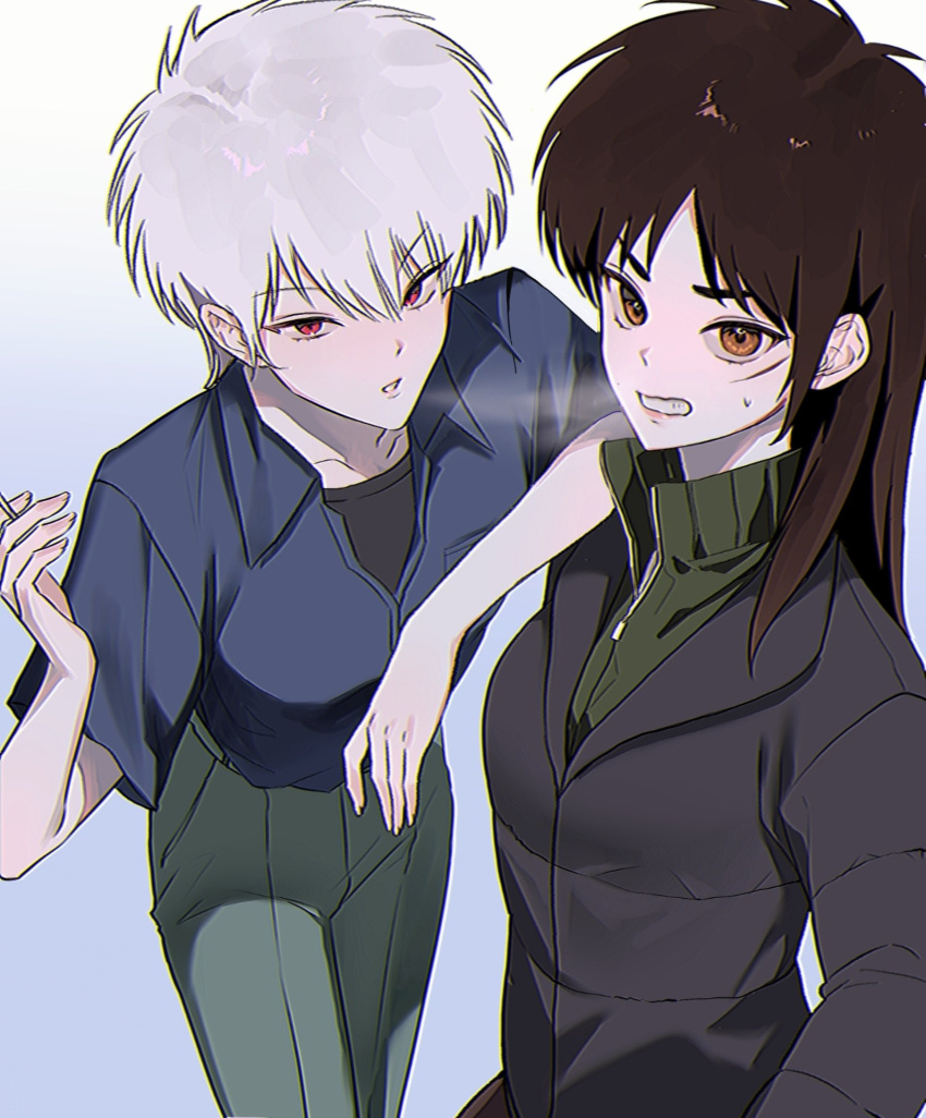 2girls akagi:_yami_ni_oritatta_tensai akagi_shigeru arm_on_shoulder black_coat black_shirt blowing_smoke breasts brown_eyes brown_hair chromatic_aberration cigarette clenched_teeth coat commentary_request cowboy_shot fukumoto_mahjong genderswap genderswap_(mtf) green_sweater grey_hair grey_pants grey_shirt hair_between_eyes highres holding holding_cigarette itou_kaiji kaiji korean_commentary long_hair long_sleeves looking_at_viewer medium_bangs medium_breasts multiple_girls open_mouth pants puffy_coat red_eyes sanpaku scar scar_on_cheek scar_on_face shirt short_sleeves siho_is_alien smoking sweater teeth turtleneck turtleneck_sweater undershirt zipper