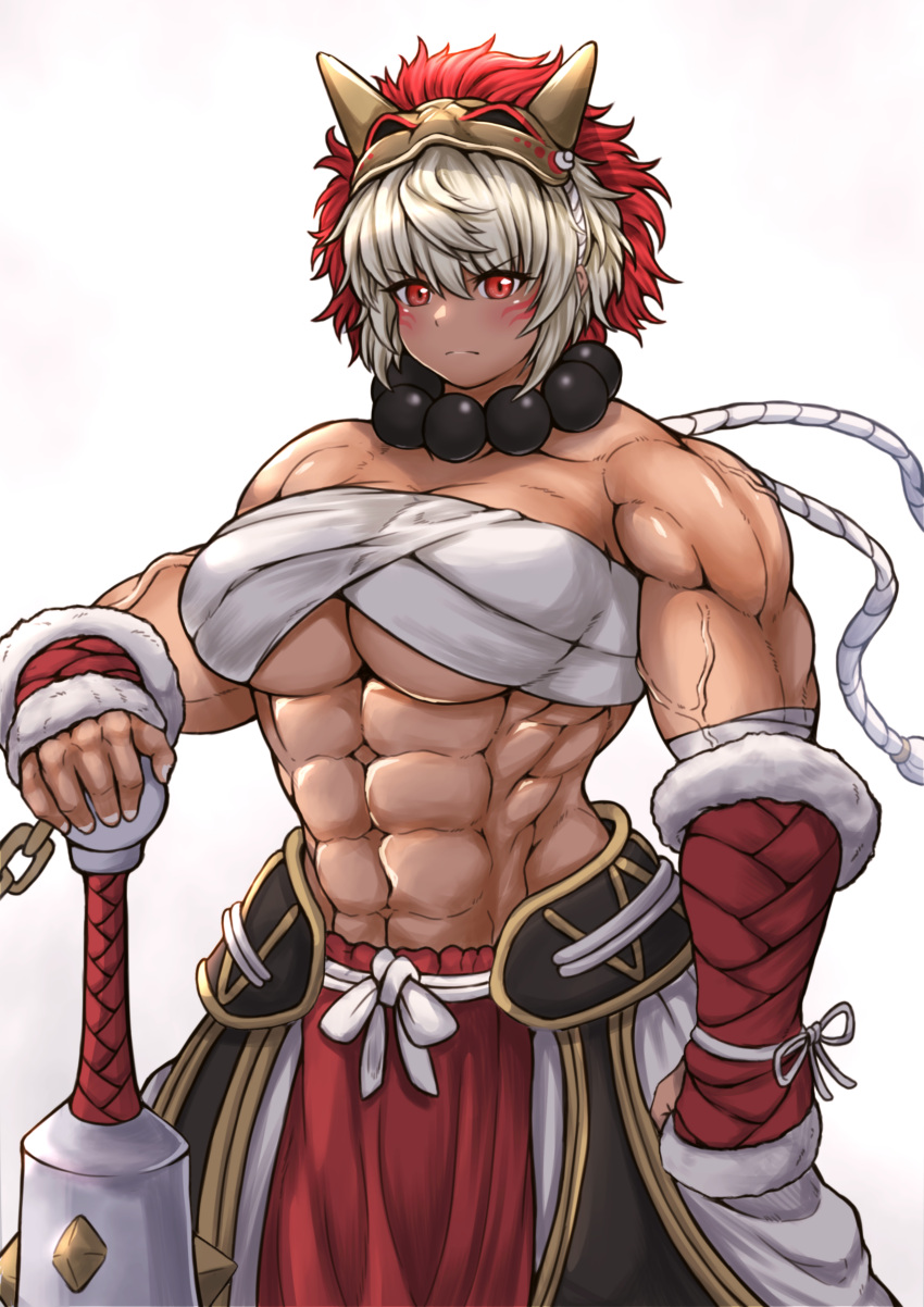 1girl abs absurdres beads biceps breasts chest_sarashi club_(weapon) commission dark-skinned_female dark_skin fire_emblem fire_emblem_fates gunbai highres holding_club mask mask_on_head muscular muscular_female mynameissuusan obliques prayer_beads rinkah_(fire_emblem) sarashi skeb_commission spiked_club war_fan weapon