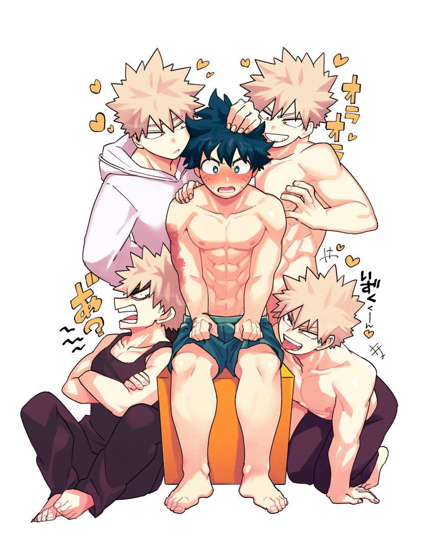 2boys abs bakugou_katsuki barefoot black_tank_top blonde_hair boku_no_hero_academia bulge feet green_eyes green_hair green_male_underwear highres long_sleeves male_harem male_underwear midoriya_izuku multiple_boys multiple_persona muscular muscular_male nipples open_mouth pectorals red_eyes scar short_hair smile spiked_hair tank_top teeth tongue tongue_out underwear white_hood yaoi yazaki_(yazakc)