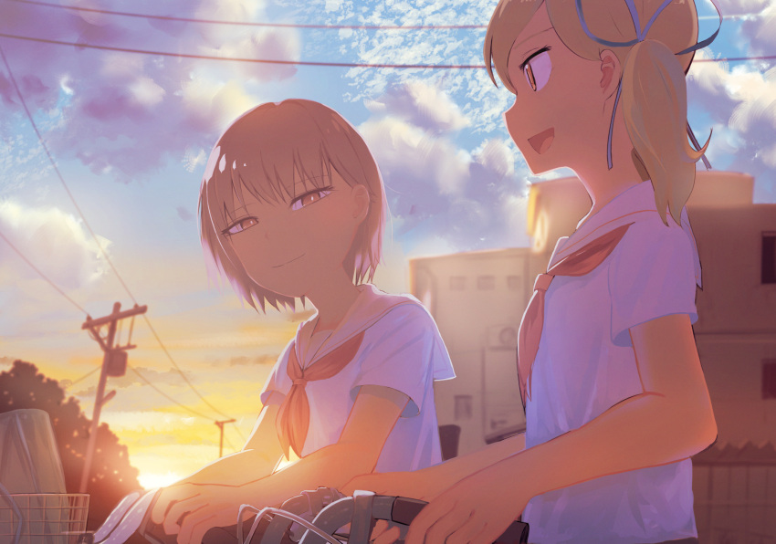 2girls bag bicycle bicycle_basket blue_ribbon brown_eyes building closed_mouth cloud commentary_request flat_chest grey_hair hair_ribbon highres inami_hatoko medium_hair multiple_girls neckerchief open_mouth original outdoors power_lines red_neckerchief ribbon riding riding_bicycle sailor_collar school_bag school_uniform serafuku shirt short_hair short_sleeves short_twintails sky twintails utility_pole white_sailor_collar white_shirt