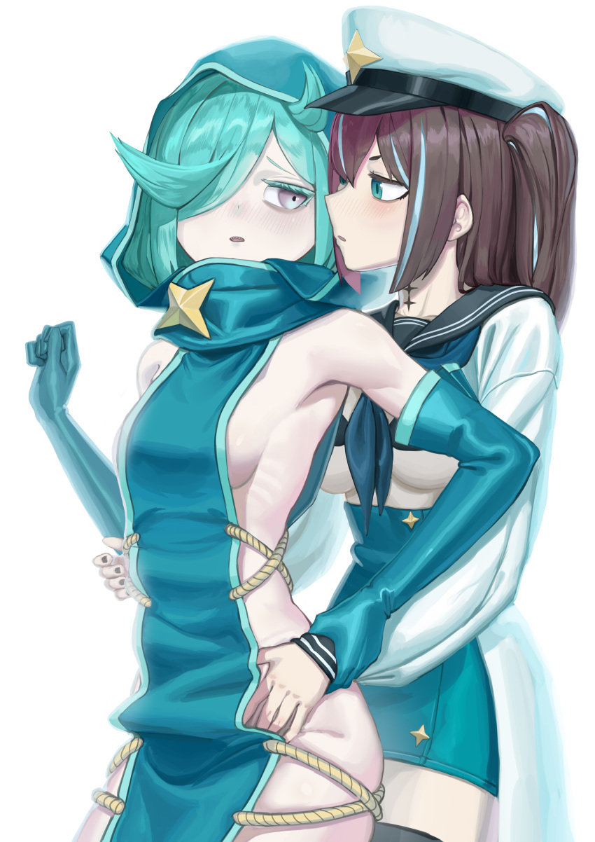 2girls absurdres armpits blue_eyes blue_gloves blue_hair blue_hood blue_scarf blush breasts brown_hair center_opening dot_nose elbow_gloves feet_out_of_frame gloves grey_eyes groin groping hair_between_eyes hair_over_one_eye hands_on_another's_hips hat highres holding_another's_wrist jacket leberblume loco_musica long_bangs looking_at_another looking_back mahou_shoujo_ni_akogarete military_hat mohe_er~ multicolored_hair multiple_girls nail_polish no_panties open_mouth pleated_skirt sailor_collar scarf school_uniform sharp_teeth short_twintails sideboob sideless_dress sideless_outfit simple_background skirt small_breasts star_tattoo streaked_hair tattoo teeth twintails white_jacket yuri