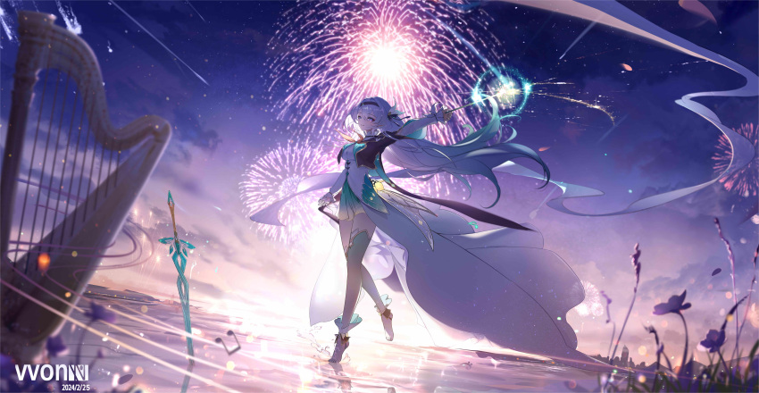 1girl absurdres barefoot black_hairband black_jacket blue_pupils bow collared_shirt cropped_jacket dancing firefly_(honkai:_star_rail) fireworks flower grey_hair hair_between_eyes hair_ribbon hairband harp highres holding_fireworks honkai:_star_rail honkai_(series) instrument jacket long_hair looking_at_viewer neckerchief orange_neckerchief planted planted_sword ribbon shirt solo sparkler sword thighhighs two-sided_fabric two-sided_jacket two-tone_eyes v-von weapon white_bow white_shirt