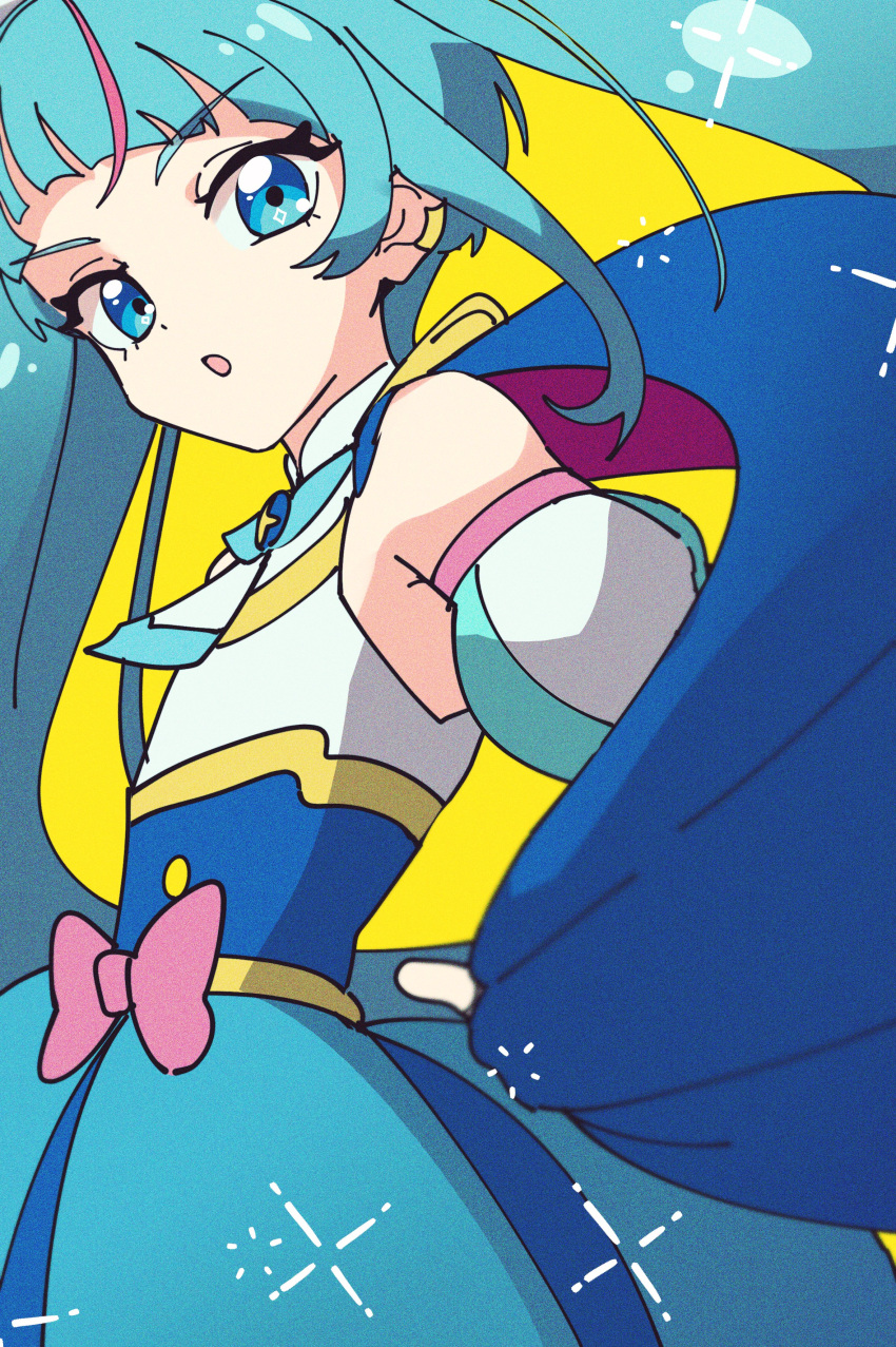 1girl absurdres blue_cape blue_eyes blue_hair cape cure_sky highres hirogaru_sky!_precure long_hair looking_at_viewer magical_girl nzeneee open_mouth precure solo sora_harewataru yellow_background