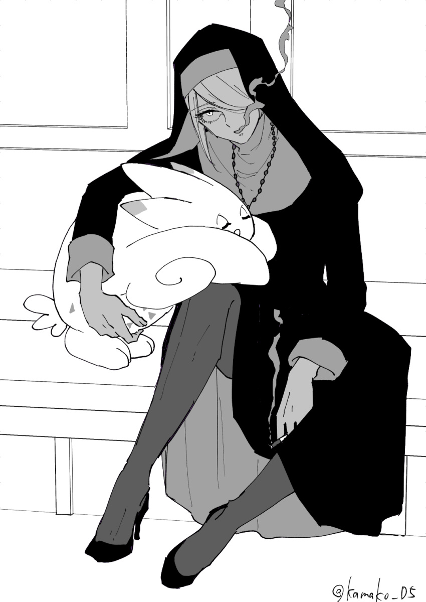 1boy androgynous beads cigarette crossdressing dress eyelashes full_body greyscale habit hair_over_one_eye high_heels highres holding holding_cigarette kamippoina_(vocaloid) looking_up male_focus monochrome nun pantyhose pokemon pokemon_(creature) pokemon_legends:_arceus prayer_beads sitting smoke_trail smoking solo_focus togekiss traditional_nun twitter_username volo_(pokemon) yukusaki