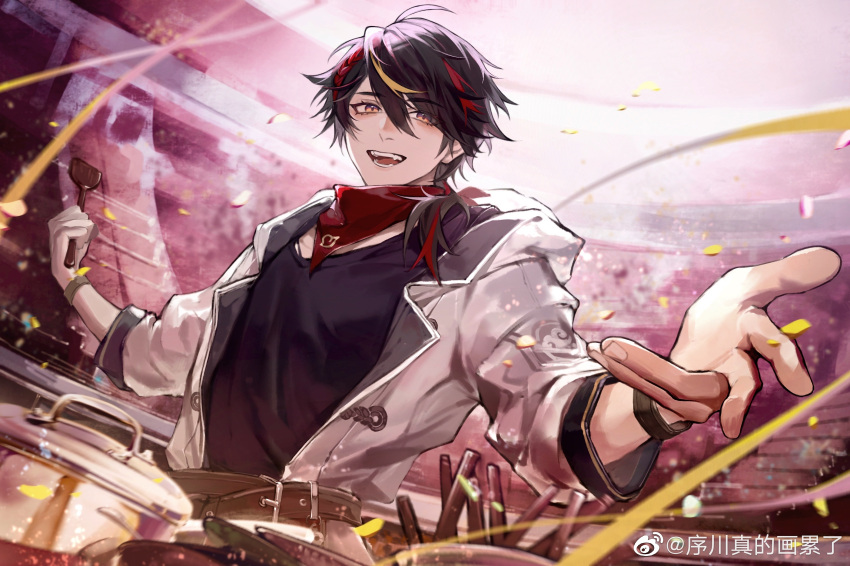 1boy :d banquet_of_vesta beckoning belt belt_buckle black_hair black_shirt blonde_hair braid brown_belt buckle confetti cooking_pot fangs french_braid hair_between_eyes hair_over_shoulder highres holding holding_spatula indoors jacket jyukawa lapels li_zhao looking_at_viewer low_ponytail male_focus medium_hair multicolored_hair notched_lapels open_clothes open_jacket orange_eyes outstretched_arms red_hair red_scarf scarf shirt smile solo spatula spread_arms stairs streaked_hair streamers t-shirt teeth upper_body weibo_logo weibo_username white_jacket wristband