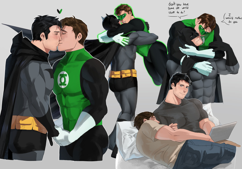 2boys absurdres ass bara batman batman_(series) bed black_bodysuit black_cape black_gloves black_hair black_shirt blush bodysuit brown_hair brown_shirt bruce_wayne cape closed_eyes closed_mouth couple covered_abs dc_comics domino_mask english_text facial_hair gloves green_bodysuit green_lantern green_lantern_(series) grey_background grey_bodysuit hal_jordan haljordanmylove heart highres holding_hands hug hug_from_behind jewelry kiss large_pectorals looking_at_another lying male_focus mask multiple_boys muscular muscular_male on_bed on_side pectorals pillow ring shirt short_hair simple_background sleeping smile superhero two-tone_bodysuit white_gloves yaoi