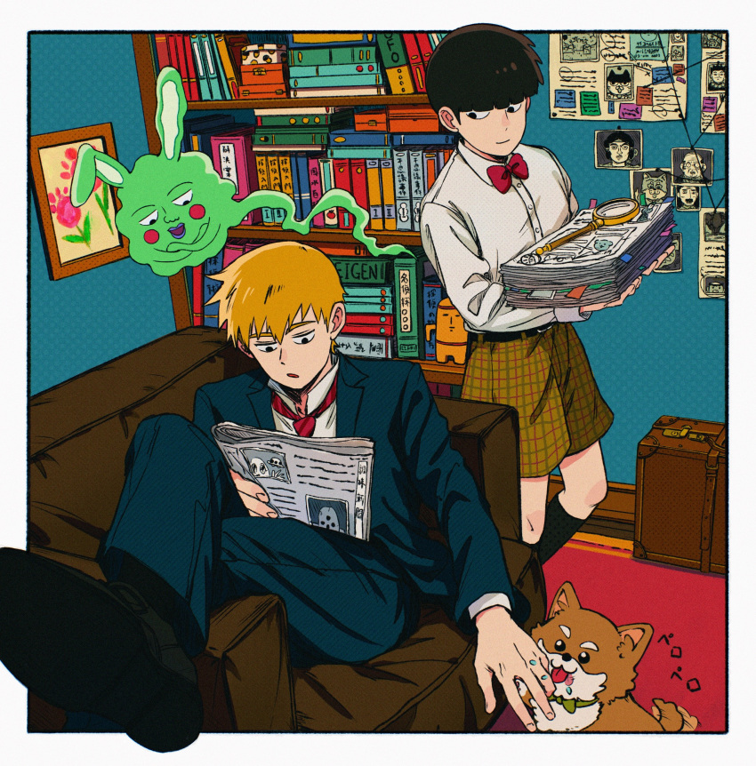 2boys alien_(mob_psycho_100) animal animal_ears black_hair black_pants blonde_hair book bookshelf border bow bowtie character_request closed_mouth cm_wm collared_shirt commentary_request crossed_arms dog ekubo_(mob_psycho_100) highres holding holding_newspaper indoors kageyama_shigeo long_sleeves looking_at_another magnifying_glass male_focus mob_psycho_100 multiple_boys newspaper outside_border pants rabbit_ears reading red_bow red_bowtie reigen_arataka shirt shoes short_hair shorts sitting smile spirit standing suit white_border