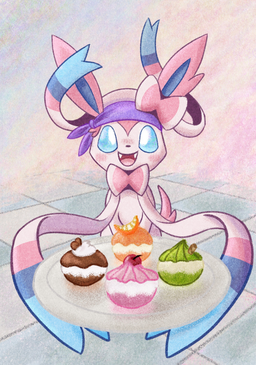 :d blue_eyes cupcake food highres looking_at_viewer no_humans pokemon pokemon_xy purple_bandana smile solo sylveon sylveon54972