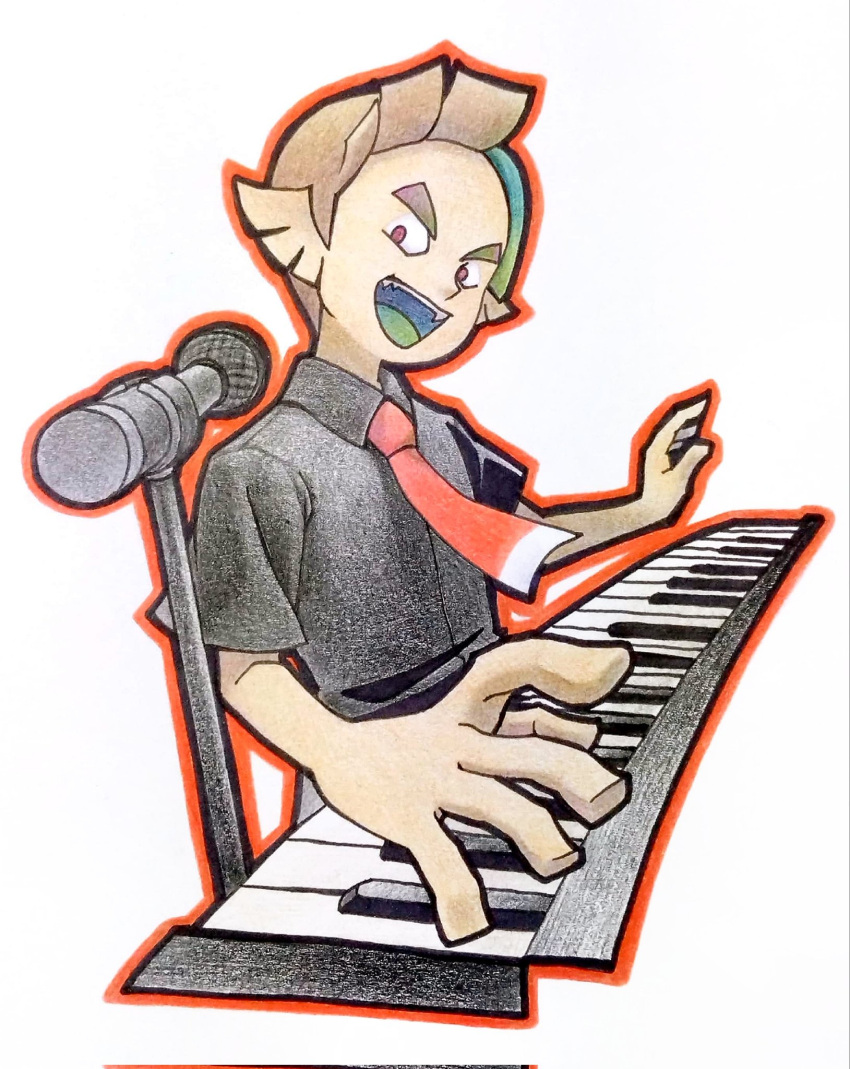 1boy black_shirt brown_eyes brown_hair co_ma_tsu_na collared_shirt colored_tongue green_tongue highres instrument keyboard_(instrument) looking_at_viewer microphone music necktie open_mouth outline playing_instrument red_necktie red_outline shirt short_hair short_sleeves simple_background smile solo splatoon_(series) splatoon_1 taka_(splatoon) upper_body white_background