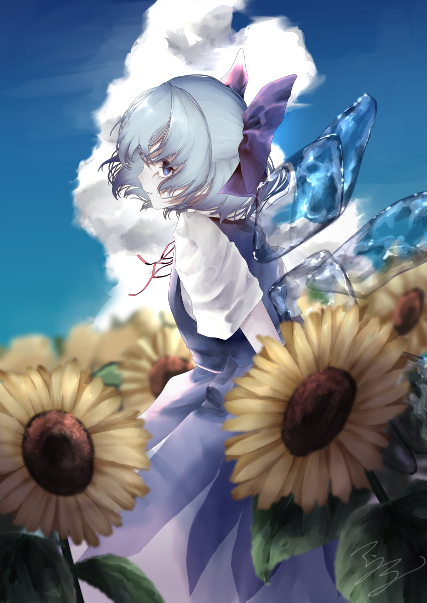 1girl absurdres blue_dress blue_hair blue_vest blurry blurry_background bow cirno closed_mouth cloud cumulonimbus_cloud day detached_wings dress field flower flower_field hair_between_eyes hair_bow highres ice ice_wings light_blue_hair looking_at_viewer neck_ribbon outdoors profile purple_bow red_ribbon ribbon shirt short_hair short_sleeves sidelocks sideways_glance signature sky solo standing sunflower sunflower_field t_terano touhou undershirt vest white_shirt wings