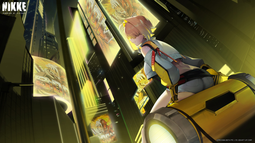 1girl absurdres ahoge ass back blonde_hair breasts building city crop_top doom_(series) elegg_(nikke) goddess_of_victory:_nikke hair_intakes hair_over_eyes highres large_breasts looking_back night official_art shorts sitting skyscraper solo