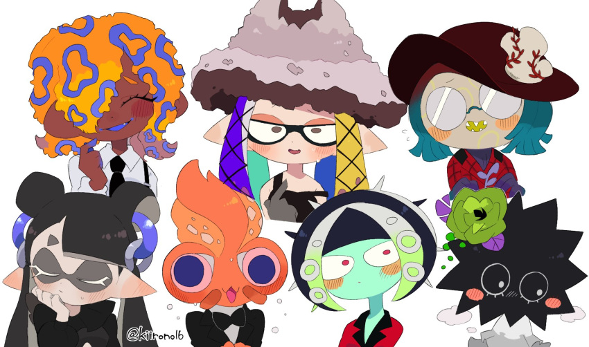 1boy 6+girls aachin_(splatoon) aqua_hair aqua_skin black_bow black_bowtie black_dress black_hair black_headwear black_necktie blonde_hair blue_hair blue_tongue blush bow bowtie closed_eyes collared_shirt colored_tongue dark-skinned_female dark_skin domino_mask dress glasses gloves grey_gloves grey_headwear hand_up highres inkling jessika_(splatoon) kiirono kitamura_(splatoon) long_hair long_sleeves looking_at_viewer martin_(splatoon) mask multicolored_hair multiple_girls necktie opaque_glasses orange_hair parted_lips plaid plaid_shirt pointy_ears purple_hair red_shirt sea_urchin shirt simple_background smile splatoon_(series) splatoon_3 strap_slip tao_blu_(splatoon) tosh_(splatoon) white_background white_shirt yoko_(splatoon)