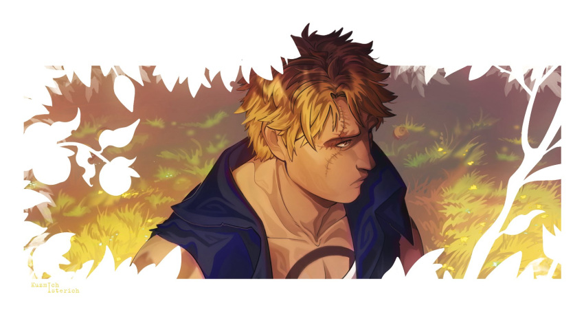 1boy bellamy blending blonde_hair border chest_tattoo cropped_torso forest highres k_isterich male_focus nature one_piece open_clothes portrait scar scar_across_eye short_hair stitches tattoo white_background white_border