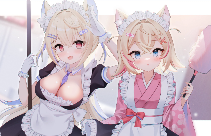animal_ears apron between_breasts black_dress blonde_hair blue_eyes breasts cleavage commentary dog_ears dog_girl dress duster english_commentary flat_chest fuwawa_abyssgard gloves highres hololive hololive_english indoors kawaiipony2 large_breasts long_hair long_sleeves looking_at_viewer maid maid_apron maid_headdress mococo_abyssgard open_mouth pink_dress pink_eyes short_sleeves smile standing virtual_youtuber white_apron white_gloves