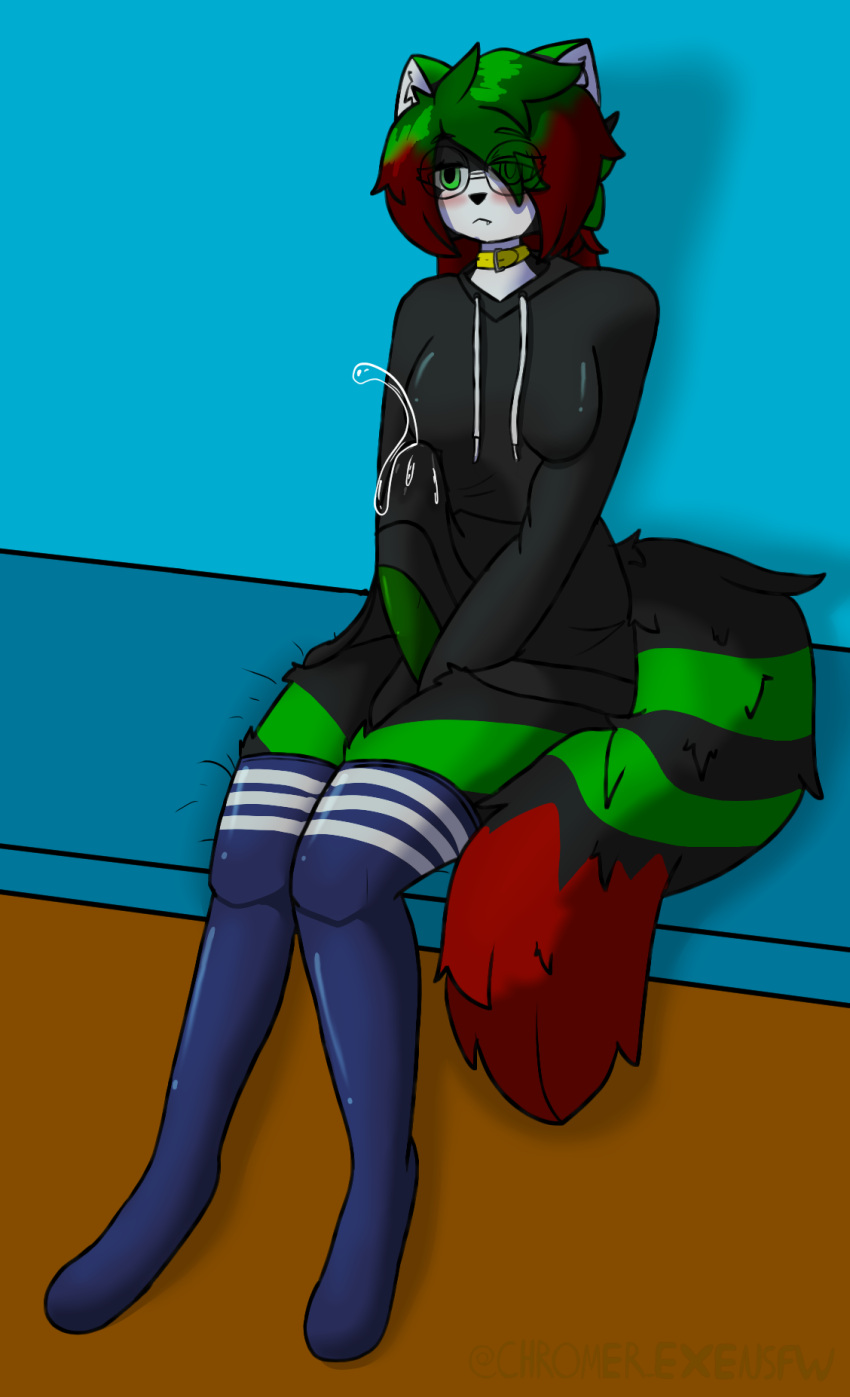 anthro bodily_fluids bulge chromer.exe chromer_exe clothed clothing domestic_cat felid feline felis genital_fluids genitals green_eyes green_hair green_penis gynomorph hair hi_res intersex legwear mammal penis precum raised_clothing raised_topwear solo thigh_highs topwear