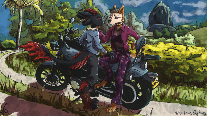 absurd_res anthro avali canid canine canis detailed_background digital_media_(artwork) digital_painting_(artwork) domestic_dog duo eye_contact female hand_on_face hand_on_leg hi_res holding_head lexi_(drawlexia) looking_at_another looking_at_partner male mammal motorcycle plant romantic romantic_couple shrub sky smile sydney_onmars tibaes tree vehicle