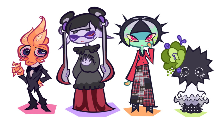 1boy 3girls aachin_(splatoon) aqua_skin black_bow black_bowtie black_jacket black_pants bow bowtie collared_shirt domino_mask dress grey_dress high_heels highres inkling jacket jessika_(splatoon) kitamura_(splatoon) long_hair long_sleeves looking_at_viewer martin_(splatoon) mask multiple_girls no_nose one_eye_closed pants pink_eyes pointy_ears rachoogian red_eyes red_shirt sea_urchin shirt simple_background splatoon_(series) splatoon_3 suction_cups suit tentacle_hair twintails white_background white_dress white_shirt