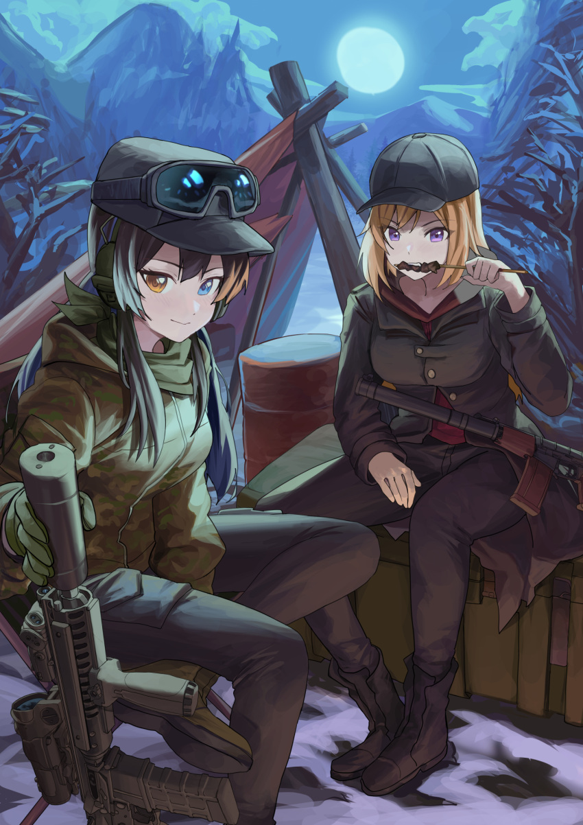 alina_svard_kovalenko_(laotianaviator) as_val assault_rifle black_hair blonde_hair blue_eyes camping coat eating goggles goggles_on_headwear gun hat heterochromia highres kalashnikov_rifle m4_carbine mountain multicolored_hair original purple_eyes rifle snow tent weapon yellow_eyes zaq_(zaqsta)