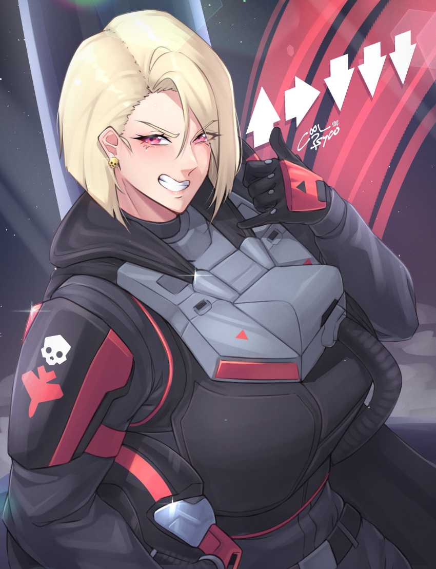 1girl absurdres armor belt blonde_hair breasts coolpsyco earrings grin helldiver_(helldivers) helldivers_(series) helmet highres holding holding_helmet jewelry large_breasts pilot pink_eyes shaka_sign short_hair shoulder_armor skull_earrings smile solo spacesuit teeth unworn_headwear unworn_helmet