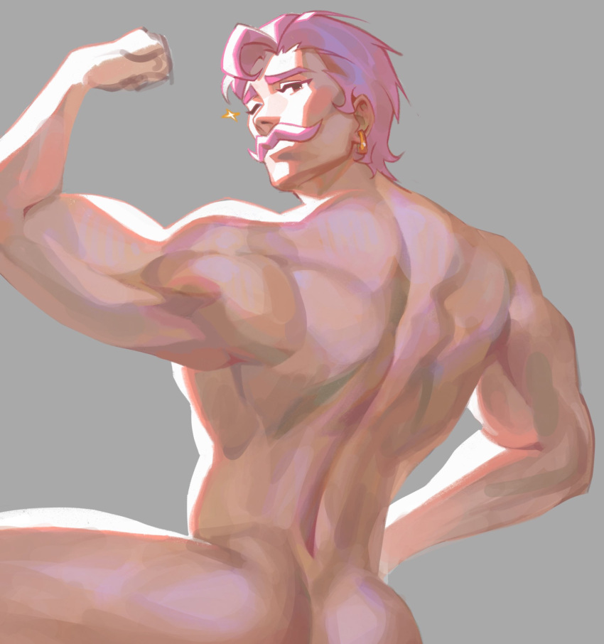 1boy ass back back_focus back_muscles bara biceps cowboy_shot dieonysuz earrings flexing from_behind highres honkai:_star_rail honkai_(series) jewelry looking_at_viewer male_focus mature_male muscular muscular_male nude one_eye_closed pink_hair seductive_smile short_hair smile solo sparkle thick_eyebrows thick_mustache vitali_(honkai:_star_rail)