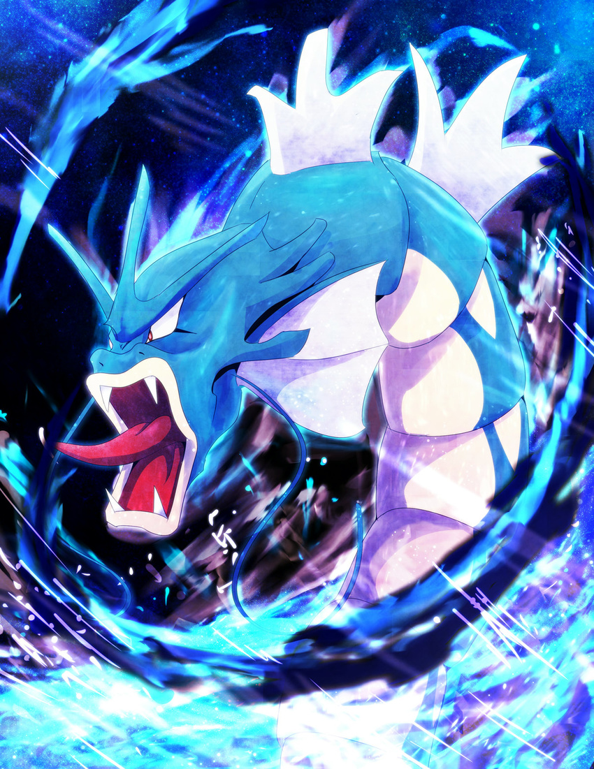 gen_1_pokemon gyarados highres kuro_nasu no_humans open_mouth pokemon pokemon_(creature) red_eyes solo tongue tongue_out waves whiskers