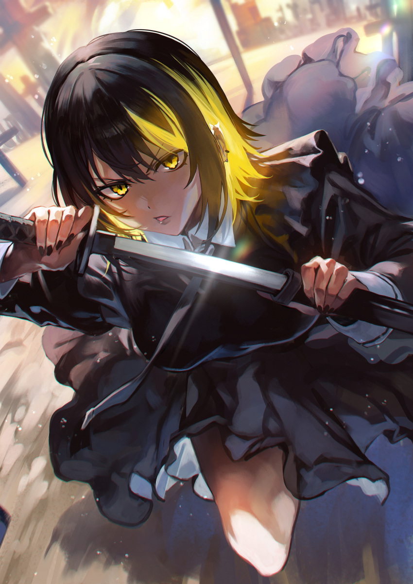 1girl angry backlighting black_hair black_nails blonde_hair breasts commentary_request drawing_sword dynamic_pose earrings highres holding holding_sheath holding_sword holding_weapon idolmaster idolmaster_shiny_colors ikaruga_luca jewelry katana light_particles looking_at_viewer multicolored_hair nail_polish open_mouth otsudou outdoors sheath short_hair solo streaked_hair sword two-tone_hair weapon yellow_eyes