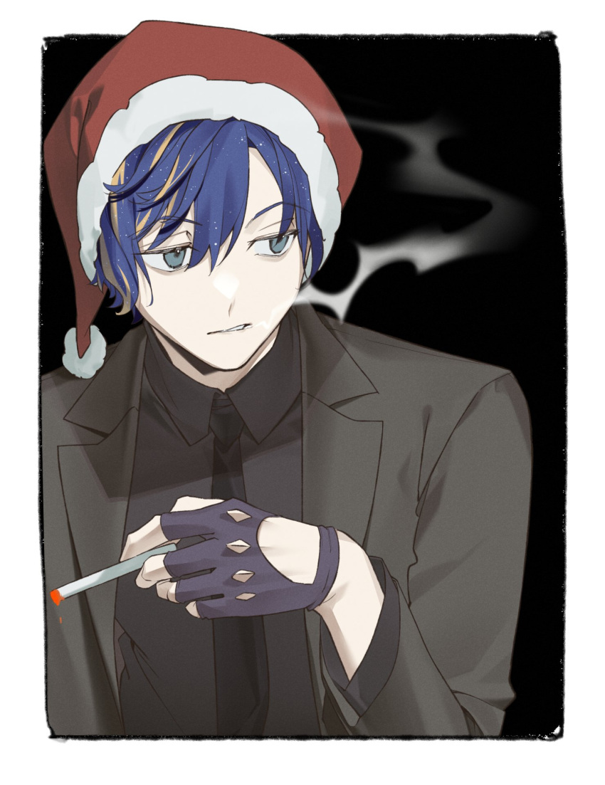 1boy alternate_costume astel_leda black_background black_necktie black_shirt blonde_hair blowing_smoke blue_hair border cigarette collared_shirt fingerless_gloves gloves green_eyes hair_between_eyes half-closed_eyes hand_up hat highres holding holding_cigarette holostars jacket juu_(45_jujut) looking_to_the_side male_focus multicolored_hair necktie open_clothes open_jacket parted_lips santa_hat shirt short_hair smoke smoking solo streaked_hair suit two-tone_hair upper_body white_border