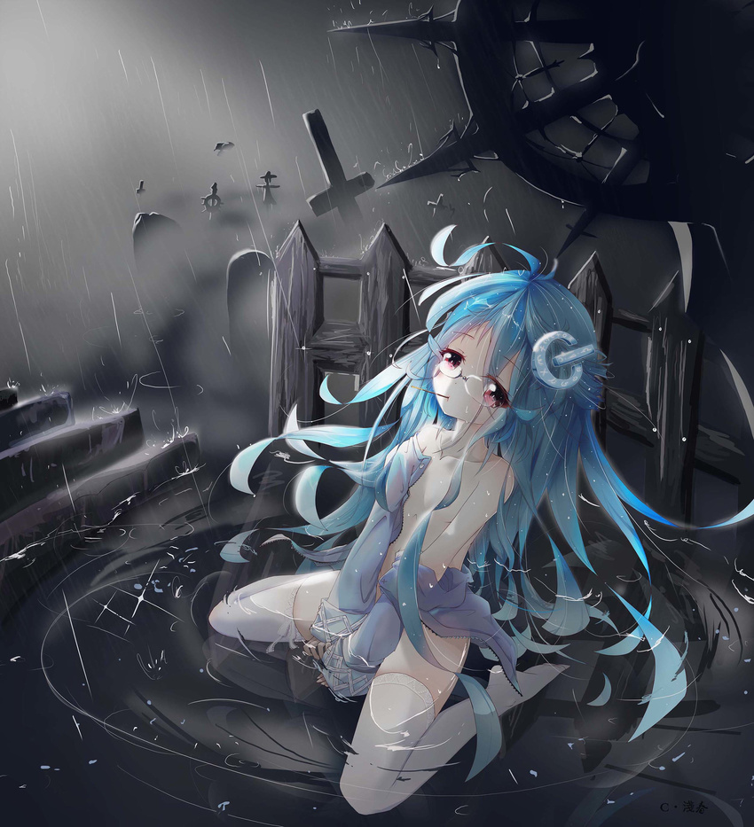 absurdres asa_ni_haru blue_hair collarbone fence flat_chest food full_body glasses highres long_hair mouth_hold naked_coat original partially_submerged pocky power_symbol rain red_eyes scarecrow shirt sitting solo thighhighs tombstone wariza