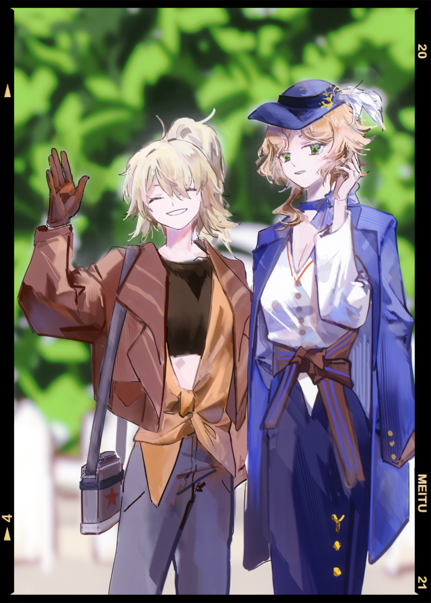 2girls ashufu black_border black_shirt blonde_hair blue_choker blue_coat blue_headwear blue_skirt blurry blurry_background border breasts brown_gloves brown_jacket chinese_commentary choker cleavage closed_eyes coat coat_on_shoulders commentary_request dadi denim druvis_iii flask gloves green_eyes hand_in_own_hair hand_up hat_feather highres jacket jeans large_breasts lilya_(reverse:1999) long_hair long_sleeves looking_at_viewer midriff multiple_girls outdoors pants parted_lips ponytail reverse:1999 shirt skirt smile star_(symbol) viewfinder waving white_shirt