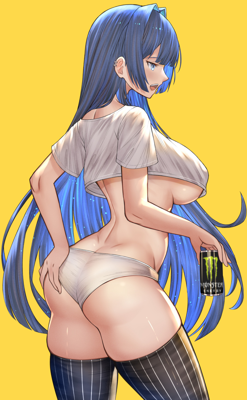 1girl absurdres ass black_thighhighs blue_eyes breasts can contrapposto ear_piercing energy_drink frilled_panties frills hand_on_own_ass highres holding holding_can hololive hololive_english honkivampy large_breasts long_hair monster_energy open_mouth ouro_kronii panties piercing shirt striped_clothes striped_thighhighs t-shirt thighhighs thighs underboob underwear white_panties white_shirt
