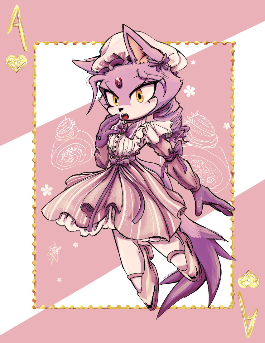 1girl animal_ears blaze_the_cat bow bowtie cat_ears cat_girl cat_tail dress forehead_jewel furry furry_female gloves highres long_hair open_mouth pink_dress pink_footwear pink_headwear purple_bow purple_bowtie purple_gloves rfts10919 sonic_(series) tail yellow_eyes