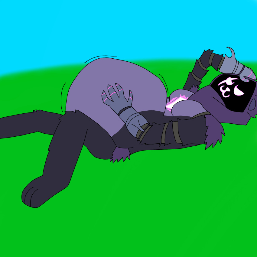 anthro bear belly big_belly breasts digital_drawing_(artwork) digital_media_(artwork) endosoma epic_games female fortnite fur hand_on_belly hi_res hood humanoid larger_pred lying mammal on_back puppyruleso5 purple_body purple_fur raven_team_leader simple_background solo vore white_eyes white_mouth