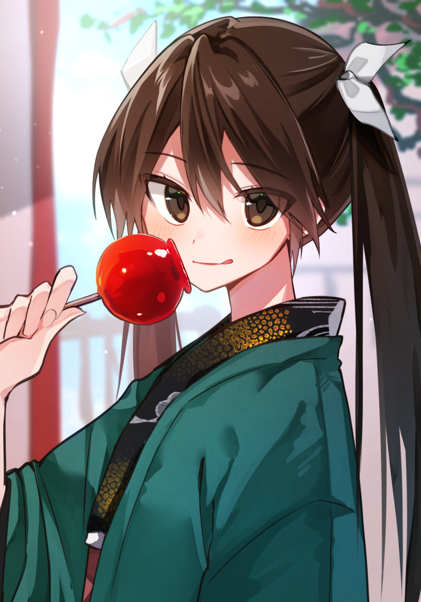 1girl alternate_costume black_kimono brown_hair candy_apple coat food green_coat hair_between_eyes hair_ribbon haori highres japanese_clothes kantai_collection katsuobushi_(eba_games) kimono long_hair looking_at_viewer ribbon solo tone_(kancolle) tongue tongue_out twintails upper_body